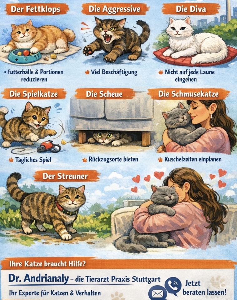 Dr. Andrianaly – die Tierarzt Praxis Stuttgart: Diese sieben Katzentypen sollten Sie kennen Katzen sind eigenwillig, faszinierend und unglaublich unterschiedlich. Während die eine Samtpfote jede Streicheleinheit genießt, verschwindet die andere beim kleinsten Geräusch unter dem Sofa. Wer seine Katze wirklich versteht, kann ihr nicht nur ein besseres Leben bieten, sondern stärkt auch die Bindung nachhaltig. Dr. Andrianaly – die Tierarzt Praxis Stuttgart erklärt, welche sieben Katzentypen Sie kennen sollten und wie Sie optimal auf deren Bedürfnisse eingehen. Dr. Andrianaly – die Tierarzt Praxis Stuttgart: Diese sieben Katzentypen sollten Sie kennen Katzen sind eigenwillig, faszinierend und unglaublich unterschiedlich. Während die eine Samtpfote jede Streicheleinheit genießt, verschwindet die andere beim kleinsten Geräusch unter dem Sofa. Wer seine Katze wirklich versteht, kann ihr nicht nur ein besseres Leben bieten, sondern stärkt auch die Bindung nachhaltig. Dr. Andrianaly – die Tierarzt Praxis Stuttgart erklärt, welche sieben Katzentypen Sie kennen sollten und wie Sie optimal auf deren Bedürfnisse eingehen.